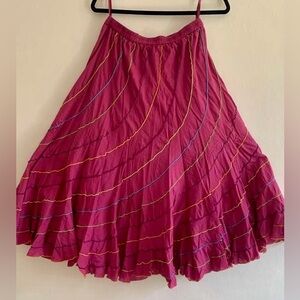 Pink Flared Skirt with Multicolor Stripes